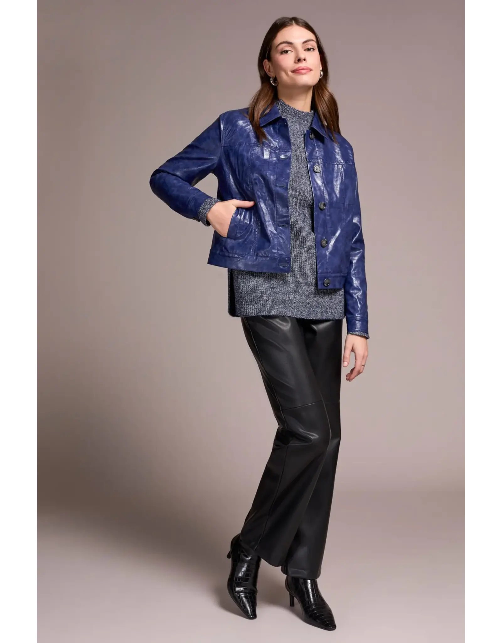 Tribal Tribal Faux Leather Button-Front Collar-Accent Jacket