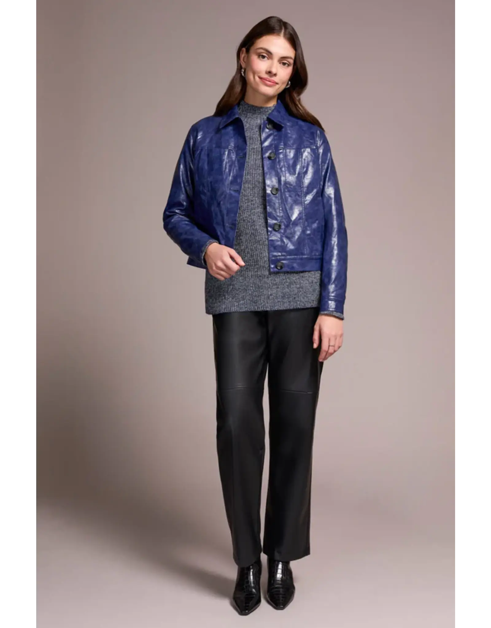 Tribal Tribal Faux Leather Button-Front Collar-Accent Jacket