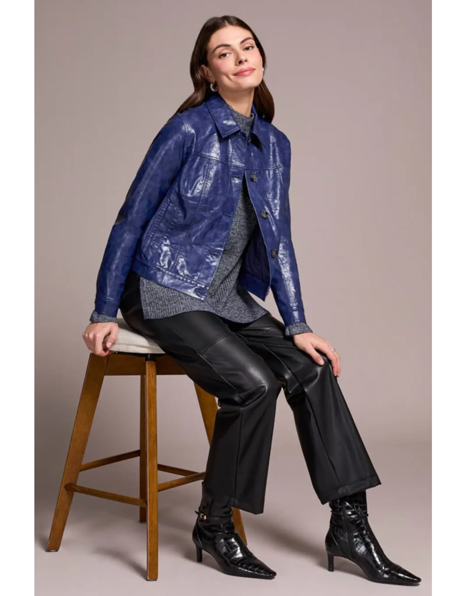 Tribal Tribal Faux Leather Button-Front Collar-Accent Jacket