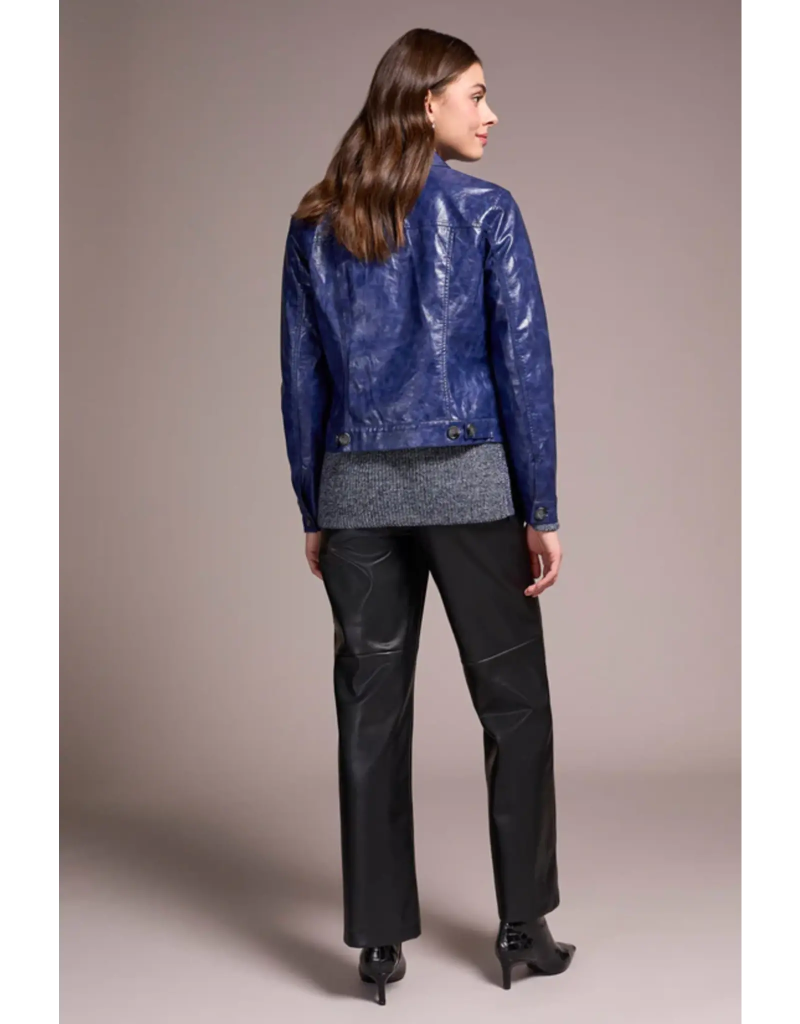 Tribal Tribal Faux Leather Button-Front Collar-Accent Jacket