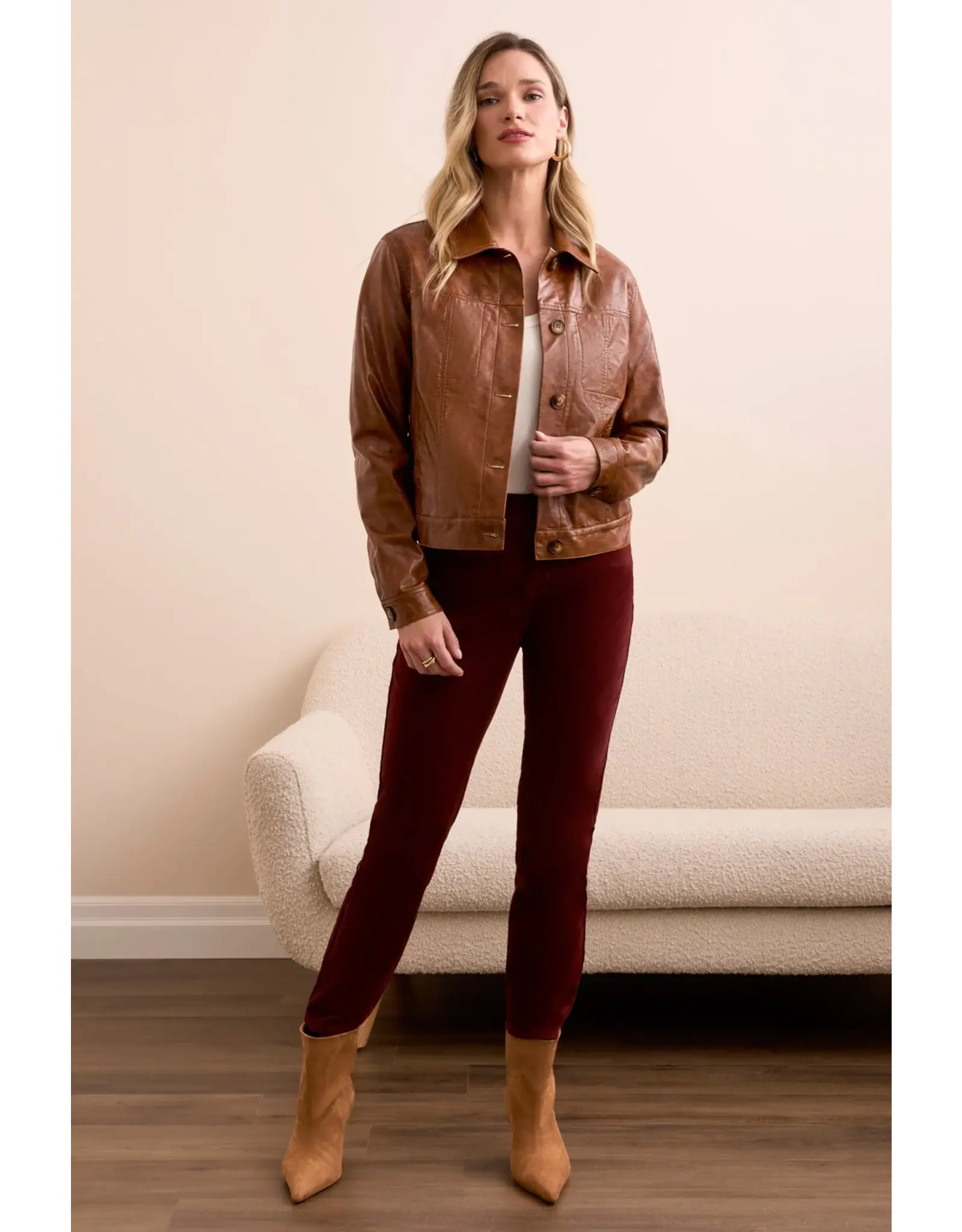 Tribal Tribal Faux Leather Button-Front Collar-Accent Jacket