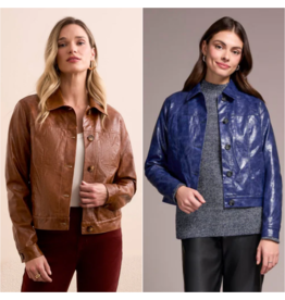 Tribal Tribal Faux Leather Button-Front Collar-Accent Jacket
