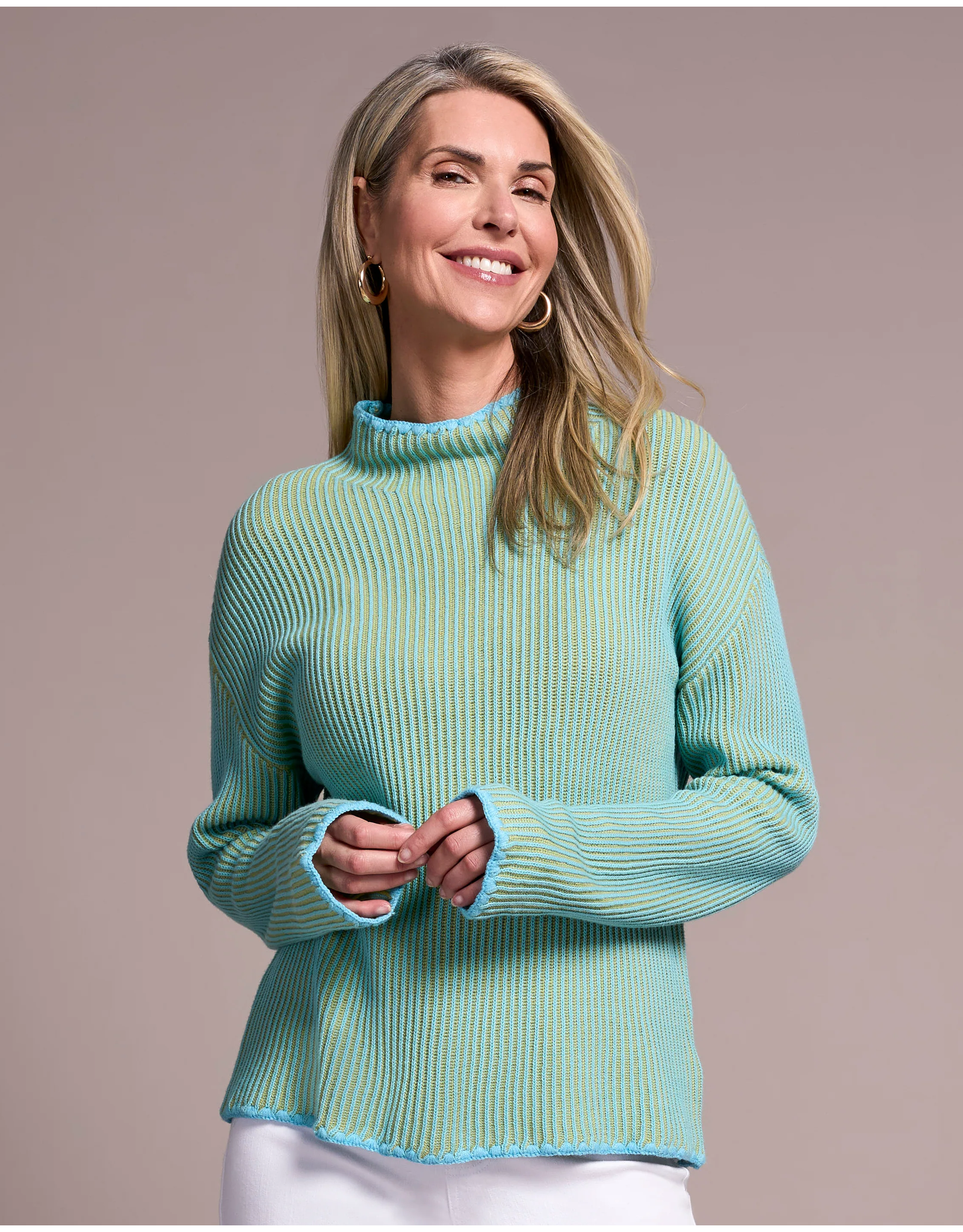 Tribal Tribal Combed Cotton Two-Tone Rib Funnel Neck Sweater