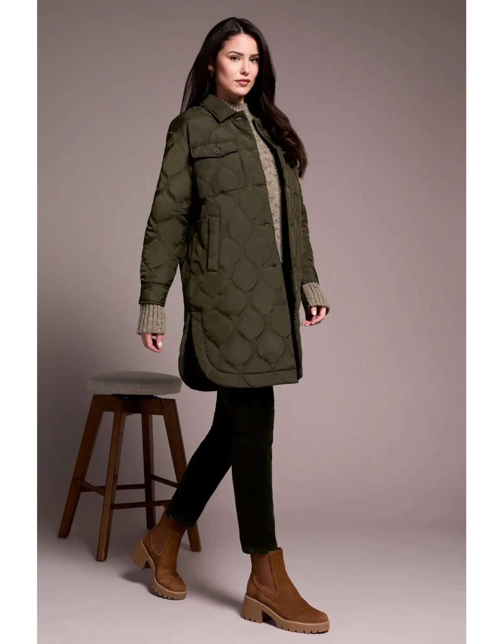 Tribal Tribal Long Quilted Button-Up Jacket with Pockets