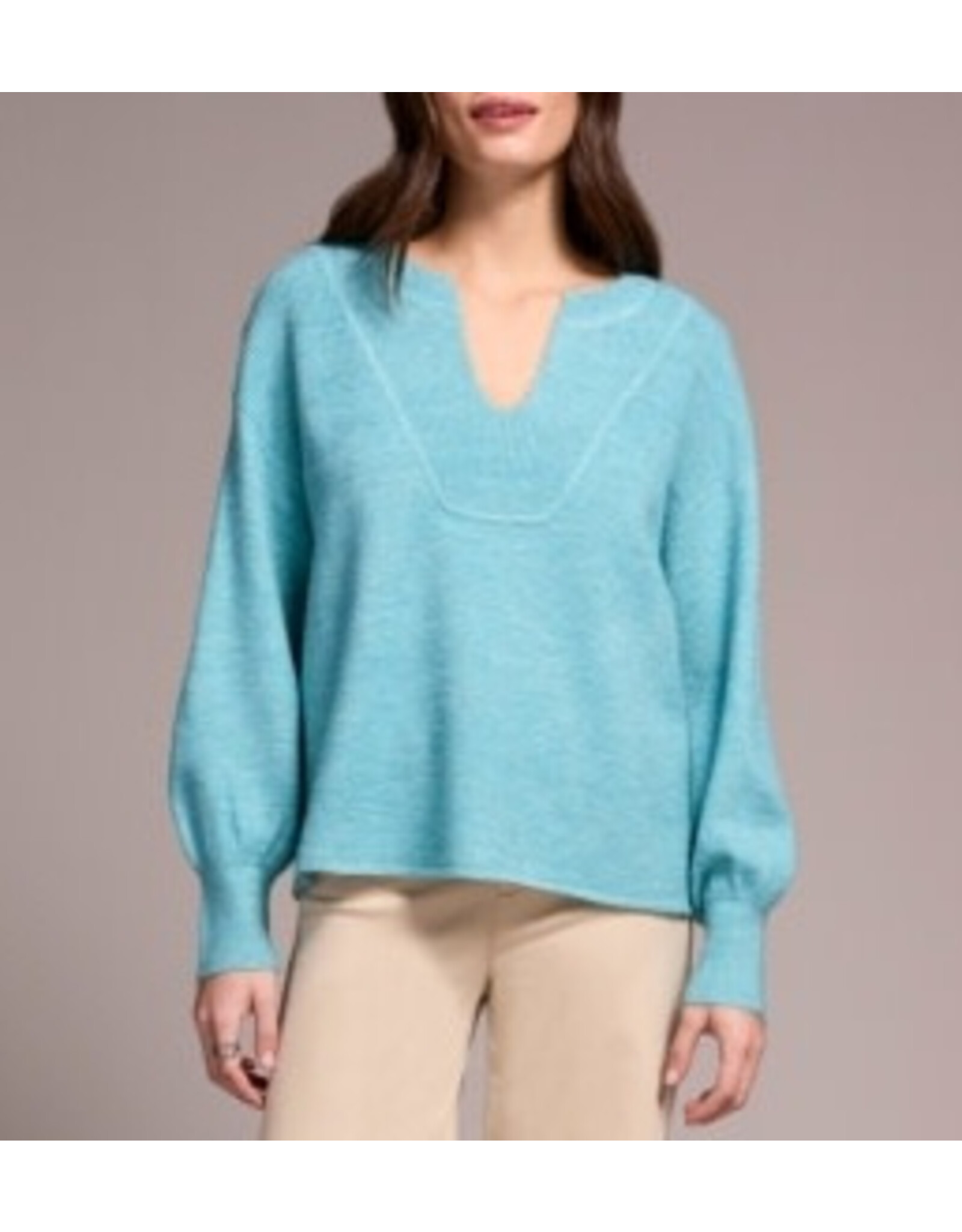 Tribal Tribal Mandarin Collar Long Puff Sleeve Sweater