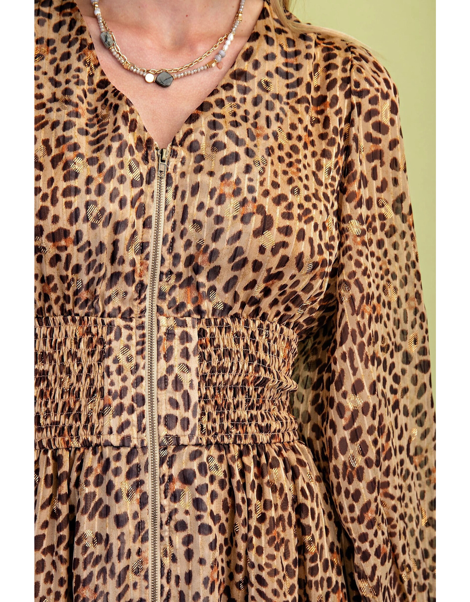 Chila Metallic Accented Leopard Print Midi Dress