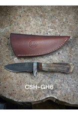 Circle SH Damascus Straight Blade Knife,  Natural Stag Horn w/Leather Sheath