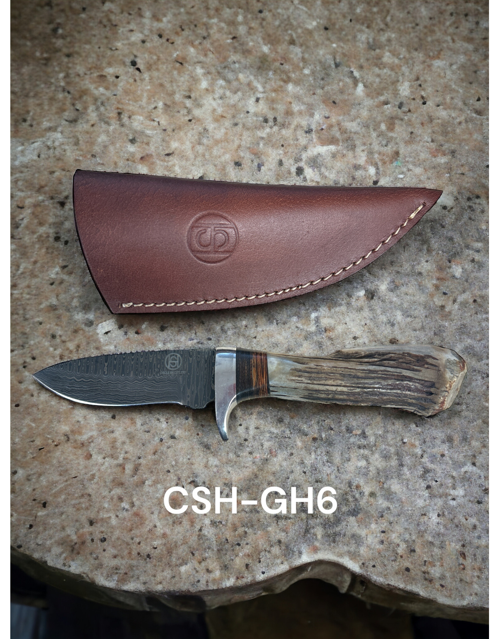 Circle SH Damascus Straight Blade Knife,  Natural Stag Horn w/Leather Sheath