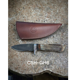 Circle SH Damascus Straight Blade Knife,  Natural Stag Horn w/Leather Sheath