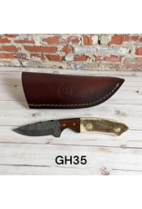 Circle SH Damascus Blade 7" Straight Knife, Stag Horn & Wood Handle w/Leather Sheath