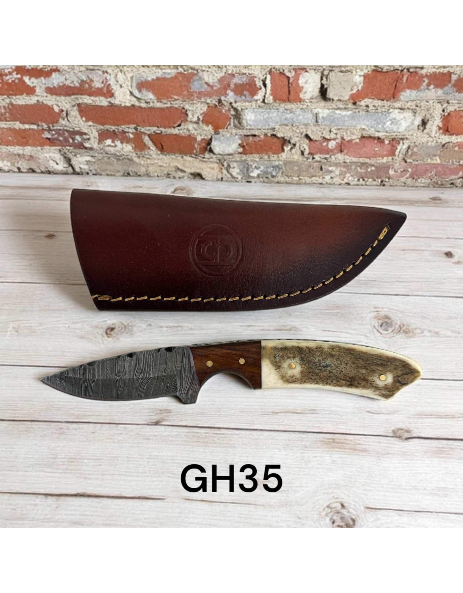 Circle SH Damascus Blade 7" Straight Knife, Stag Horn & Wood Handle w/Leather Sheath