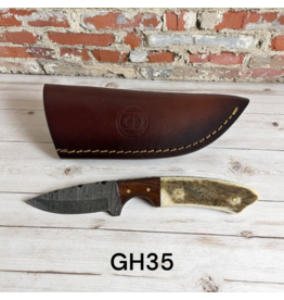 Circle SH Damascus Blade 7" Straight Knife, Stag Horn & Wood Handle w/Leather Sheath