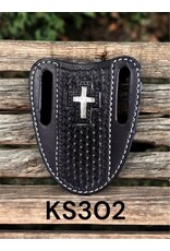 Circle SH 4" Double Loop Knife Sheath, Brown Basketweave w/Hair Cross