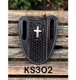 Circle SH 4" Double Loop Knife Sheath, Brown Basketweave w/Hair Cross
