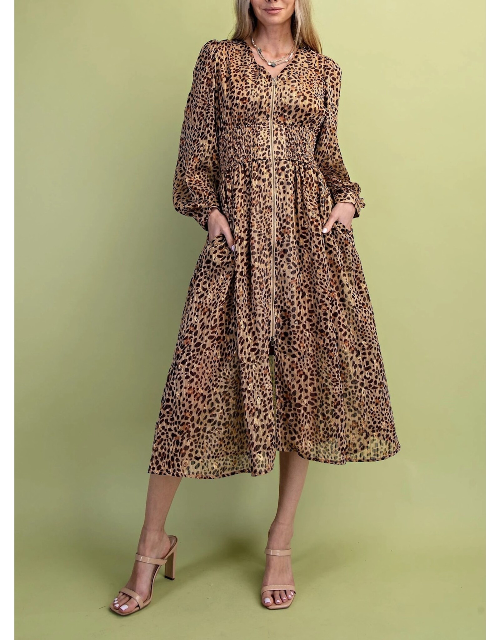 Chila Metallic Accented Leopard Print Midi Dress