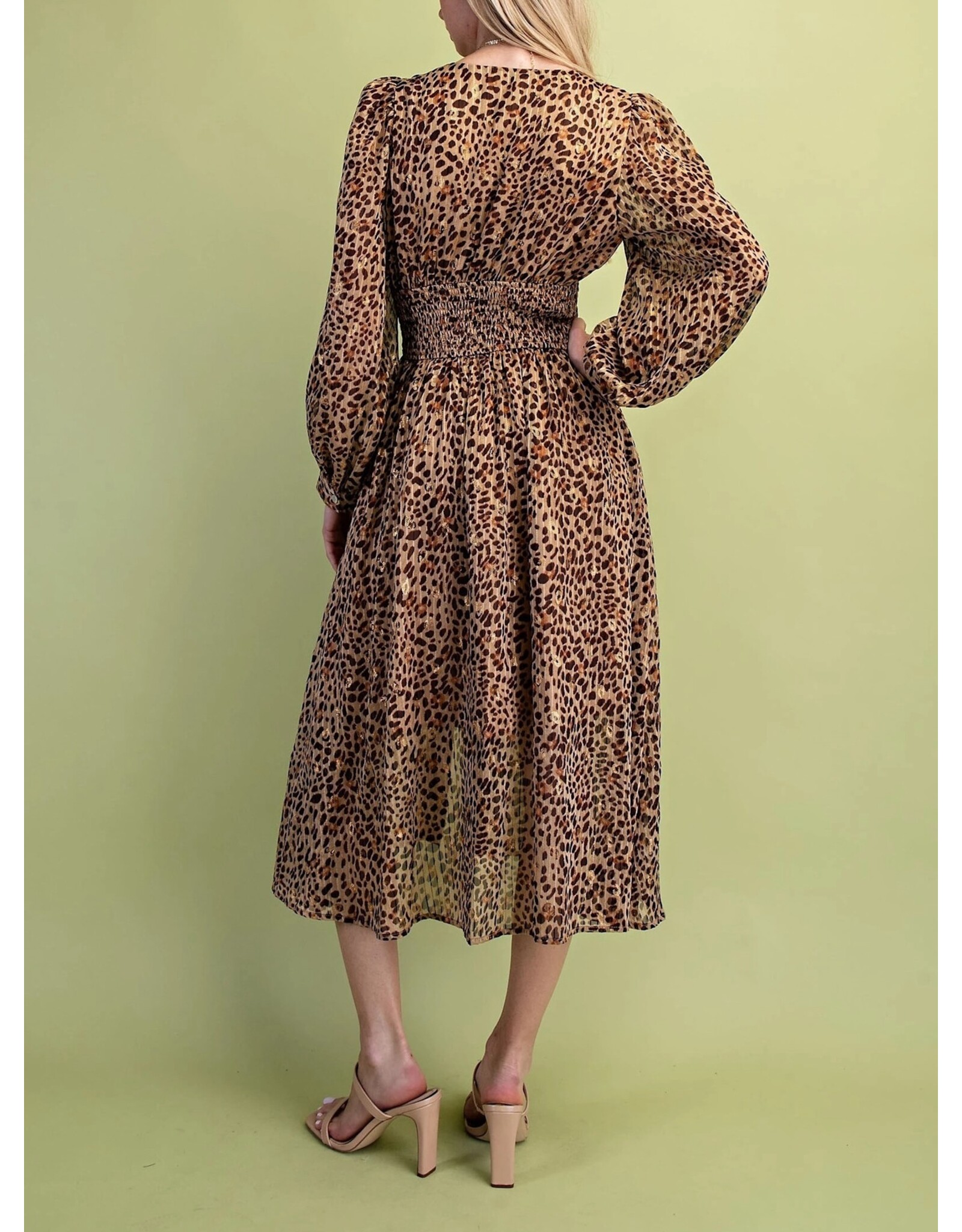 Chila Metallic Accented Leopard Print Midi Dress
