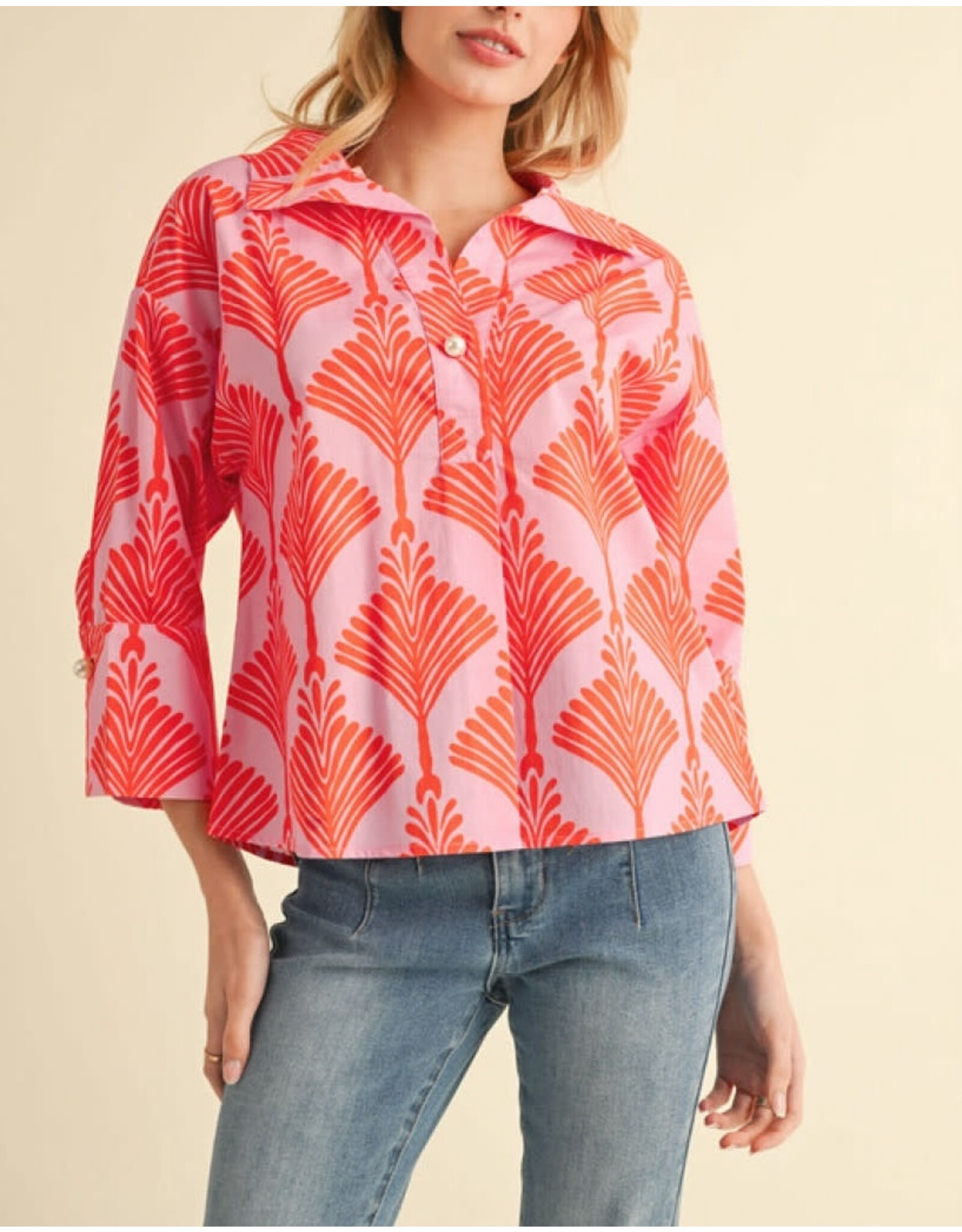Eloisa Print Top with Pearl Button
