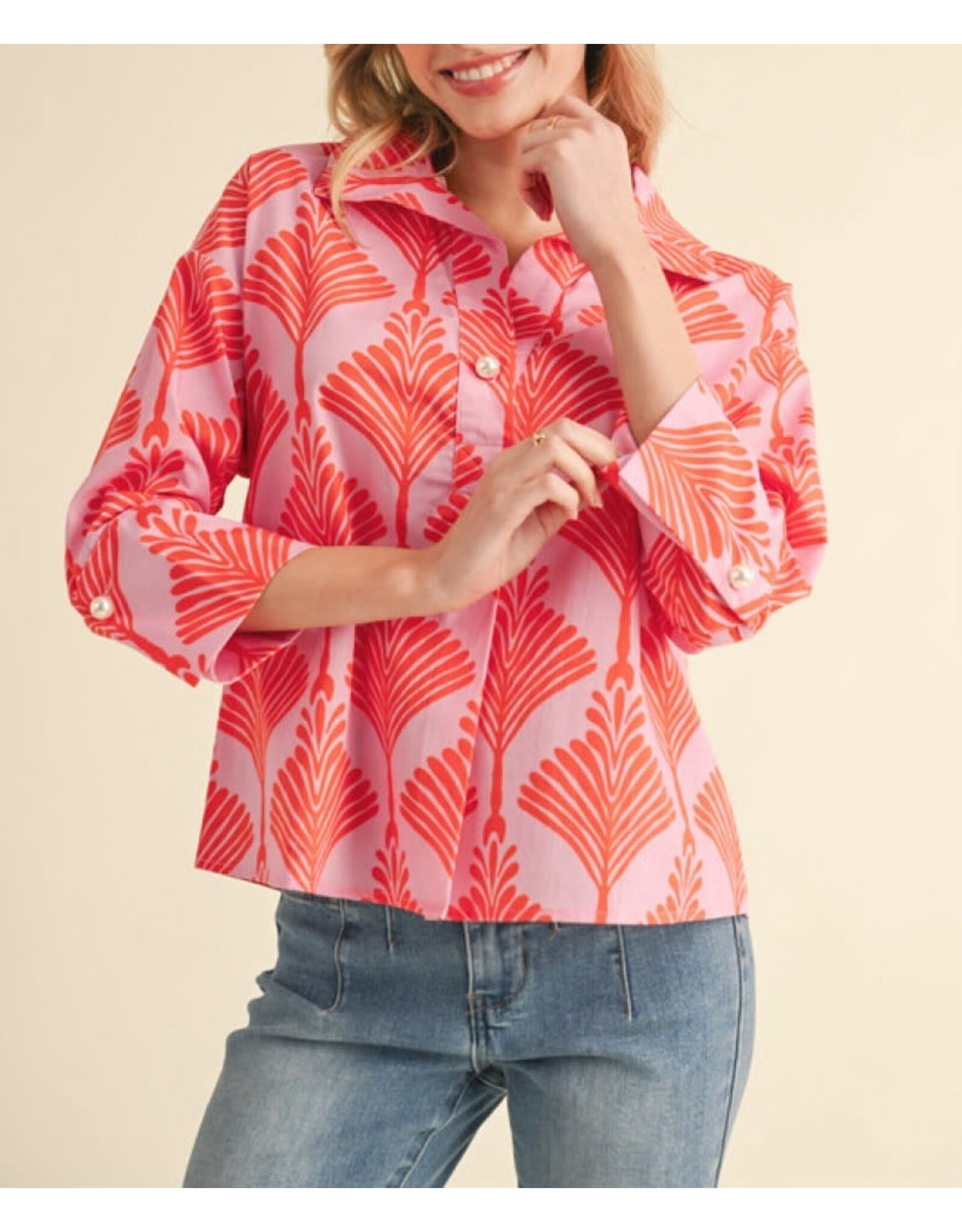 Eloisa Print Top with Pearl Button