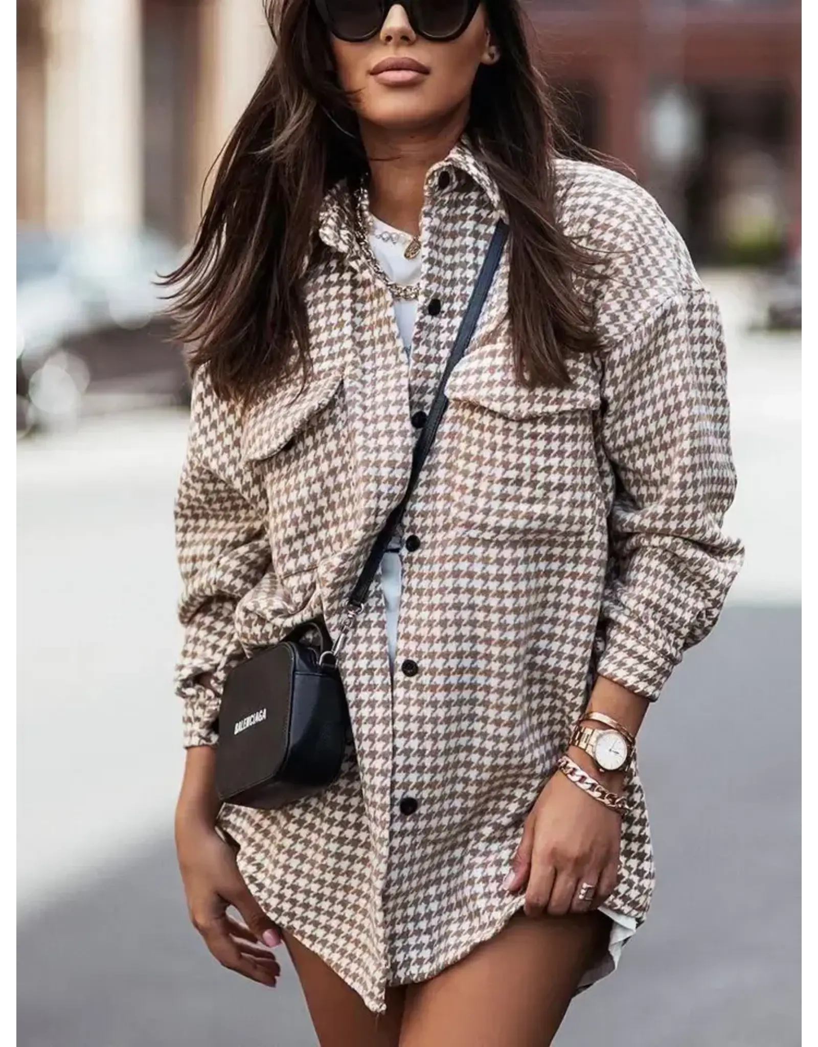 Hailey Houndstooth Long-Sleeved Shirt Jacket