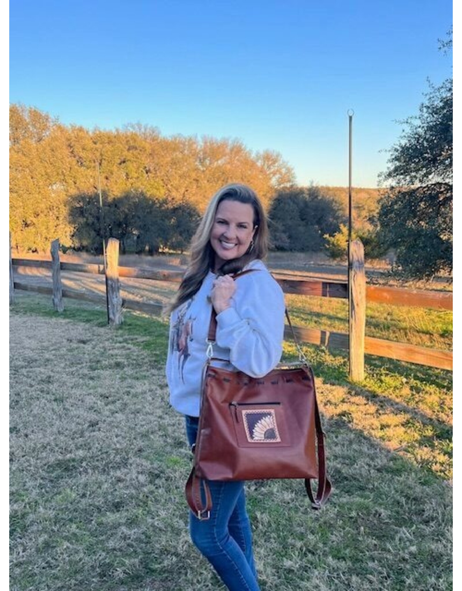 Three Way Bag with Carved Leather Patch
