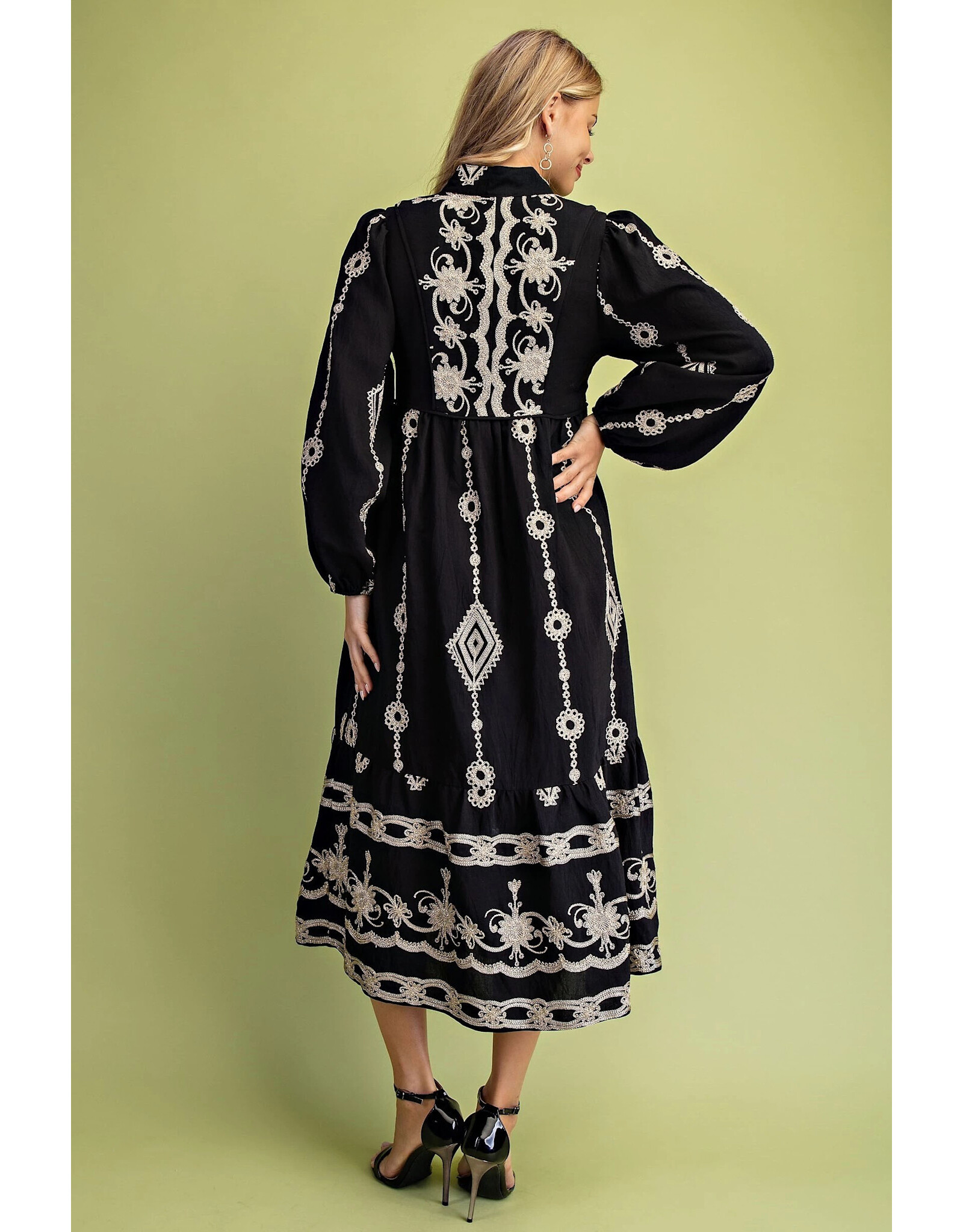 Viviana Metallic Embroidery Midi Dress