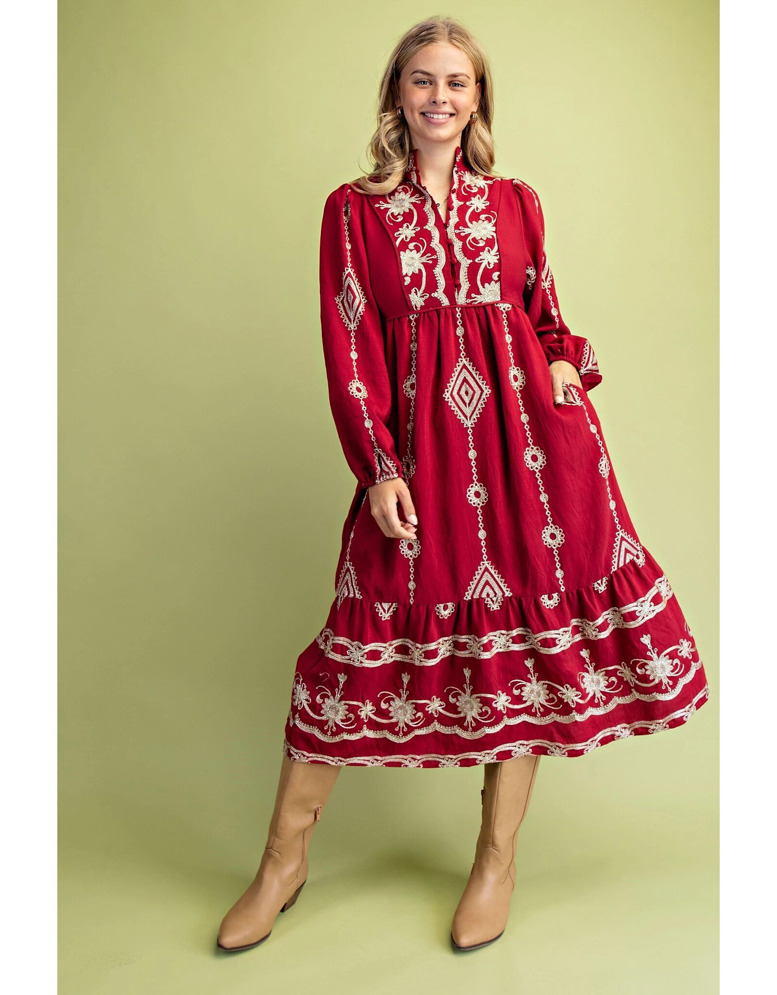 Viviana Metallic Embroidery Midi Dress