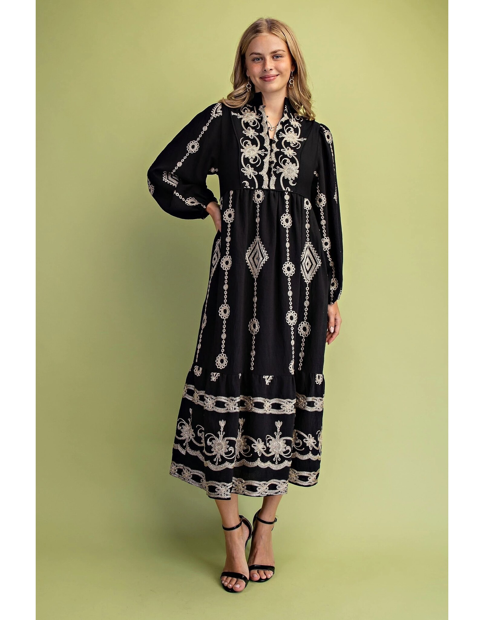 Viviana Metallic Embroidery Midi Dress