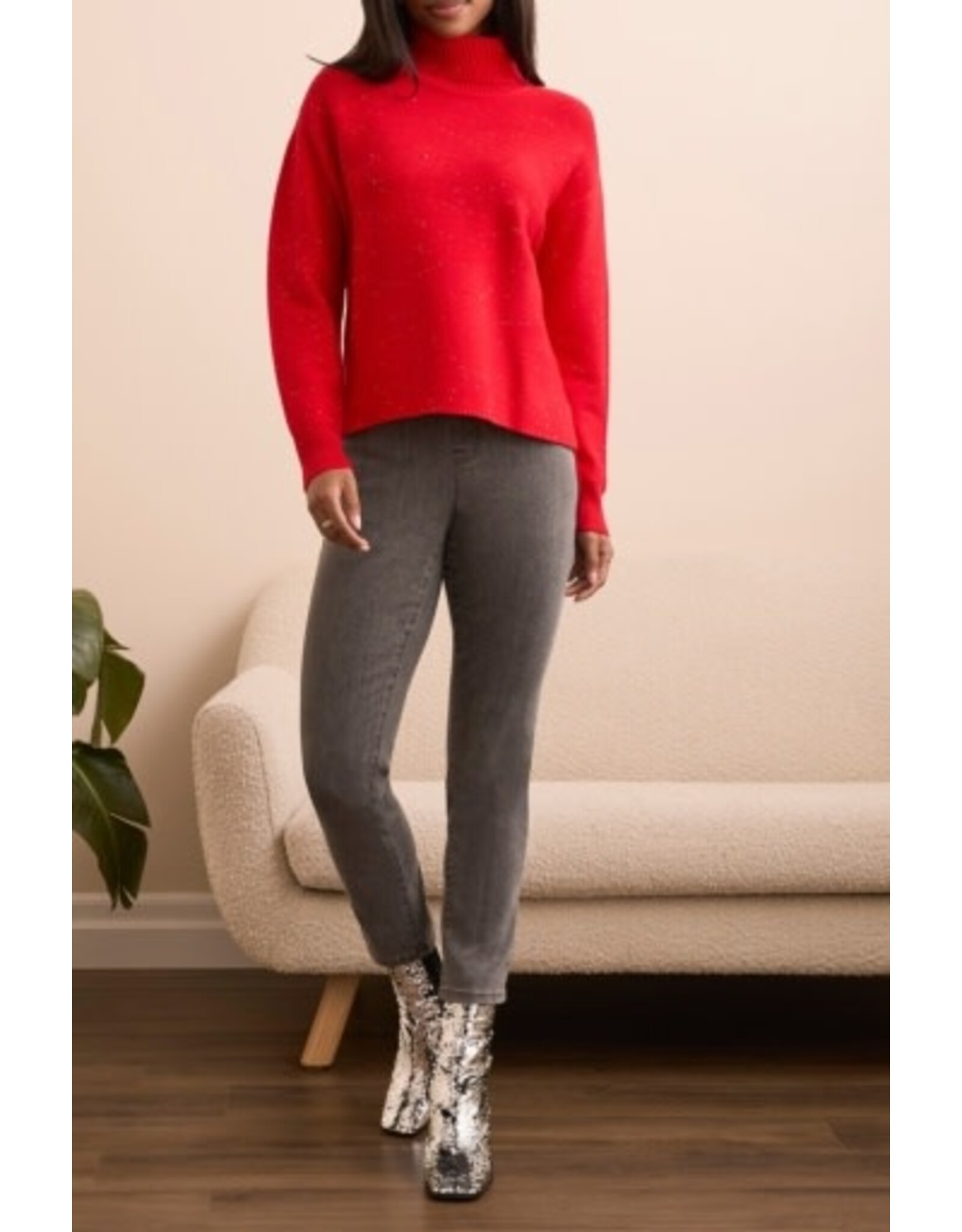 Tribal Tribal Turtleneck High Low Sweater with Side Slits Carmine