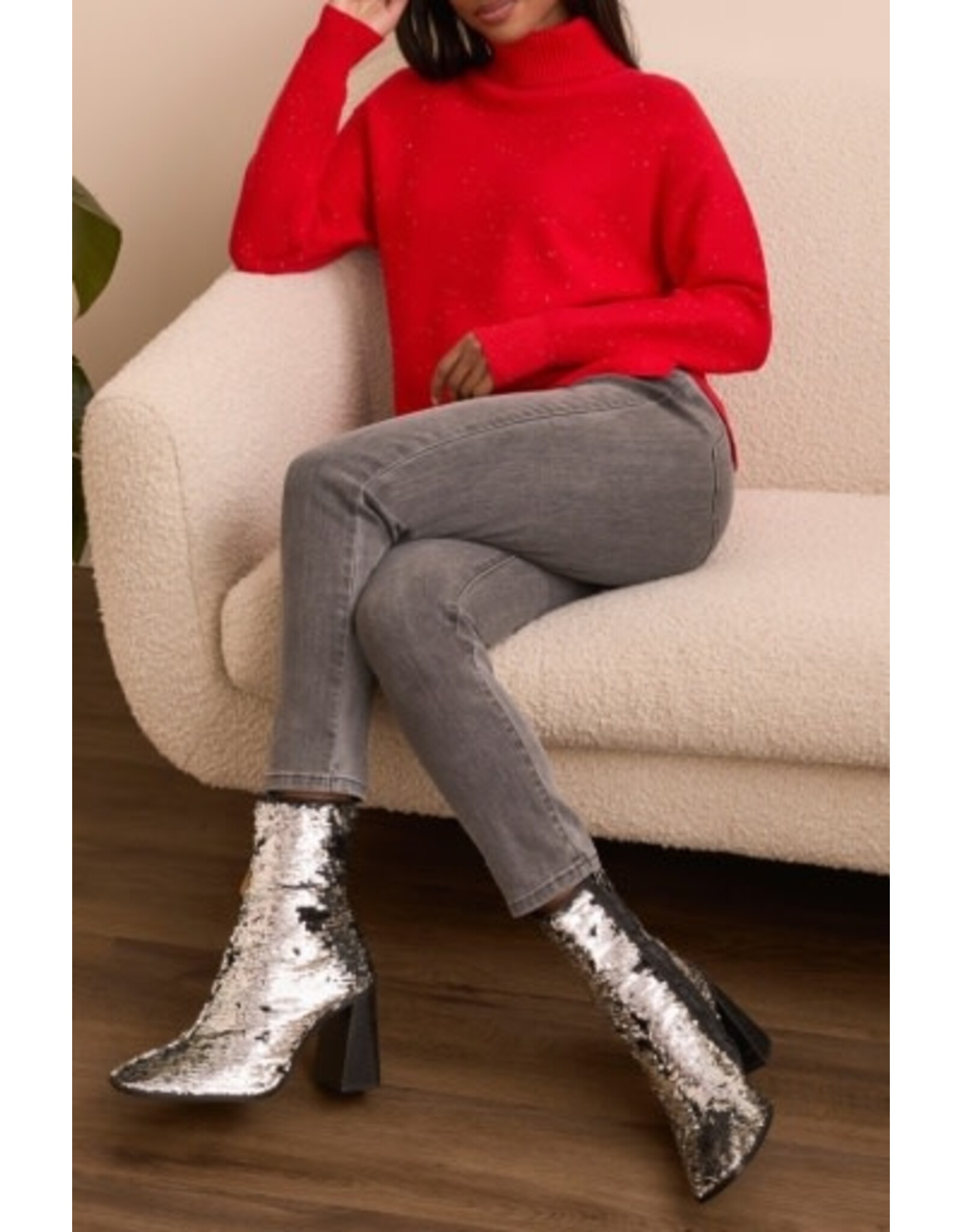 Tribal Tribal Turtleneck High Low Sweater with Side Slits Carmine