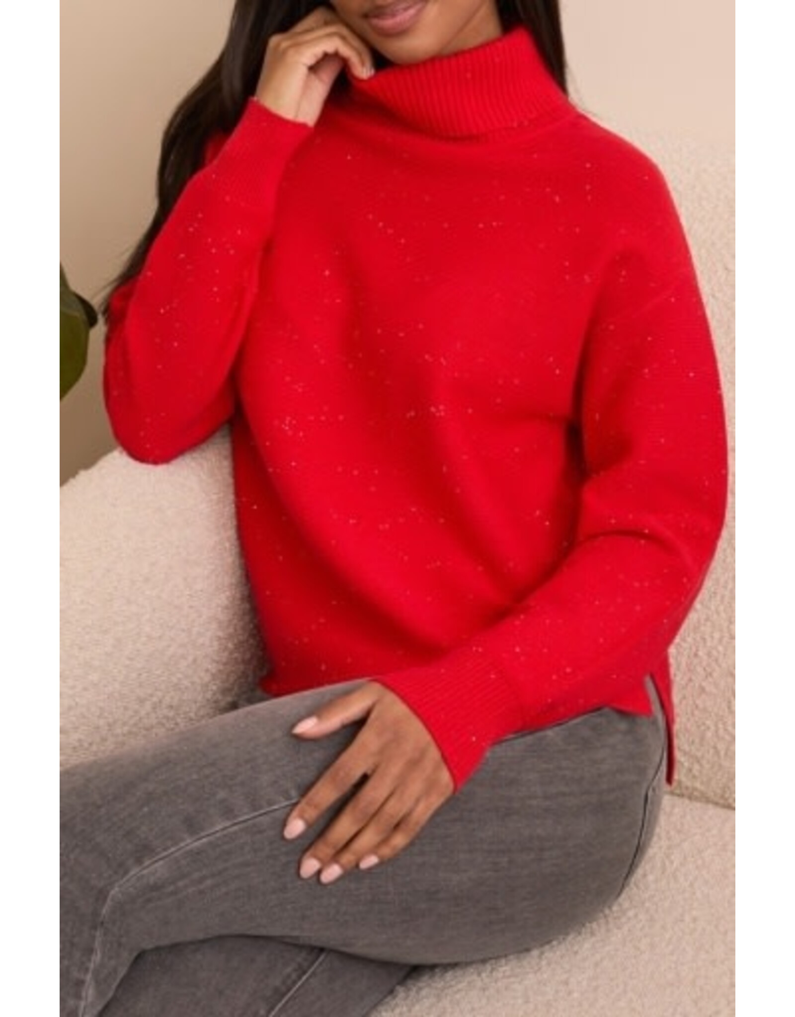 Tribal Tribal Turtleneck High Low Sweater with Side Slits Carmine