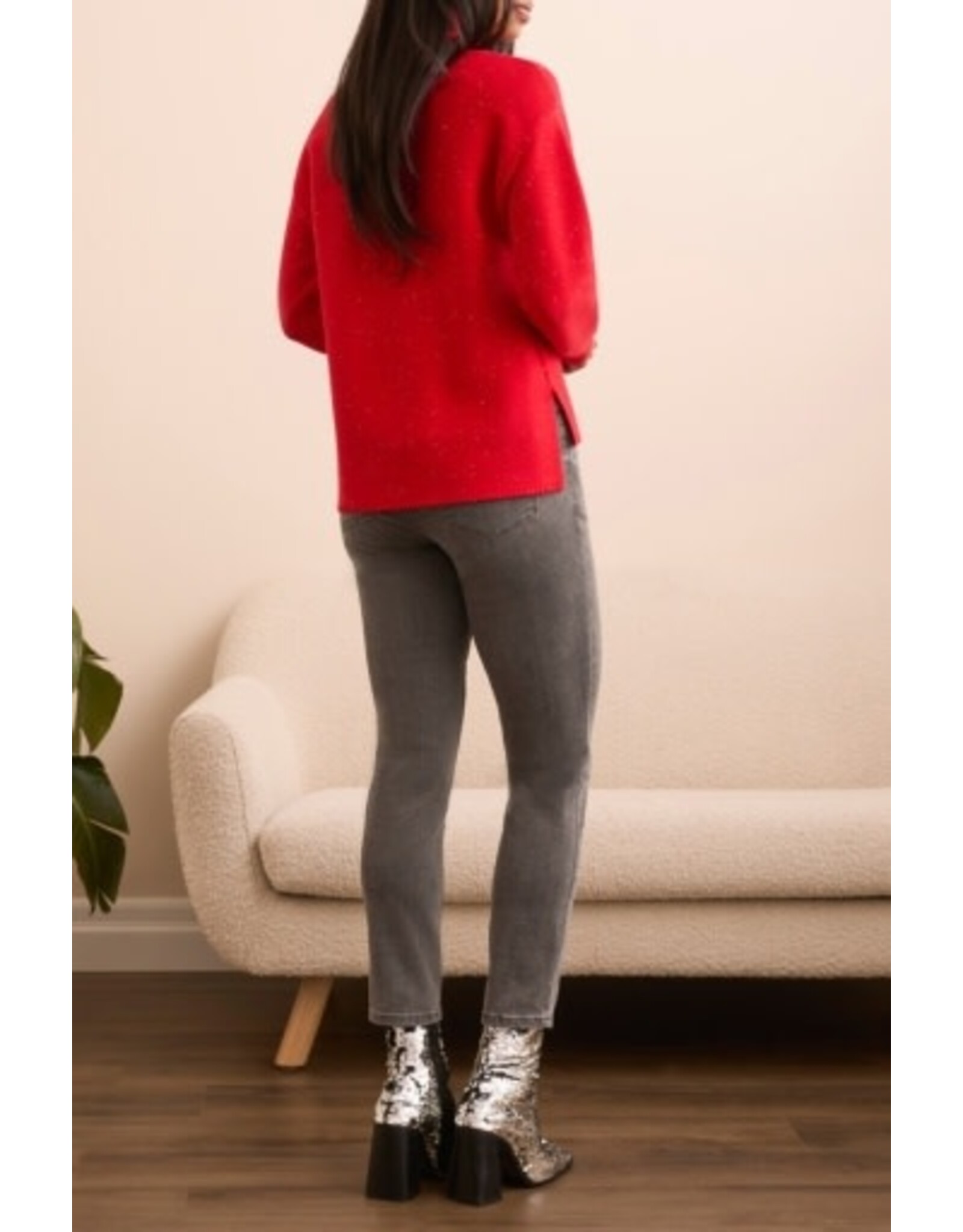 Tribal Tribal Turtleneck High Low Sweater with Side Slits Carmine