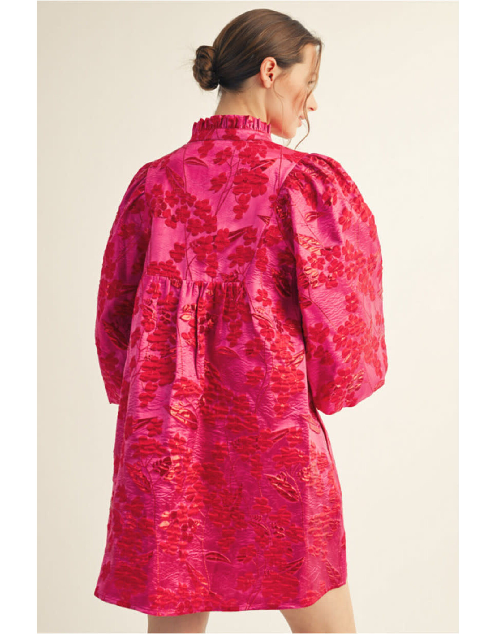 Coletta Puff Sleeves Floral Jacquard Dress