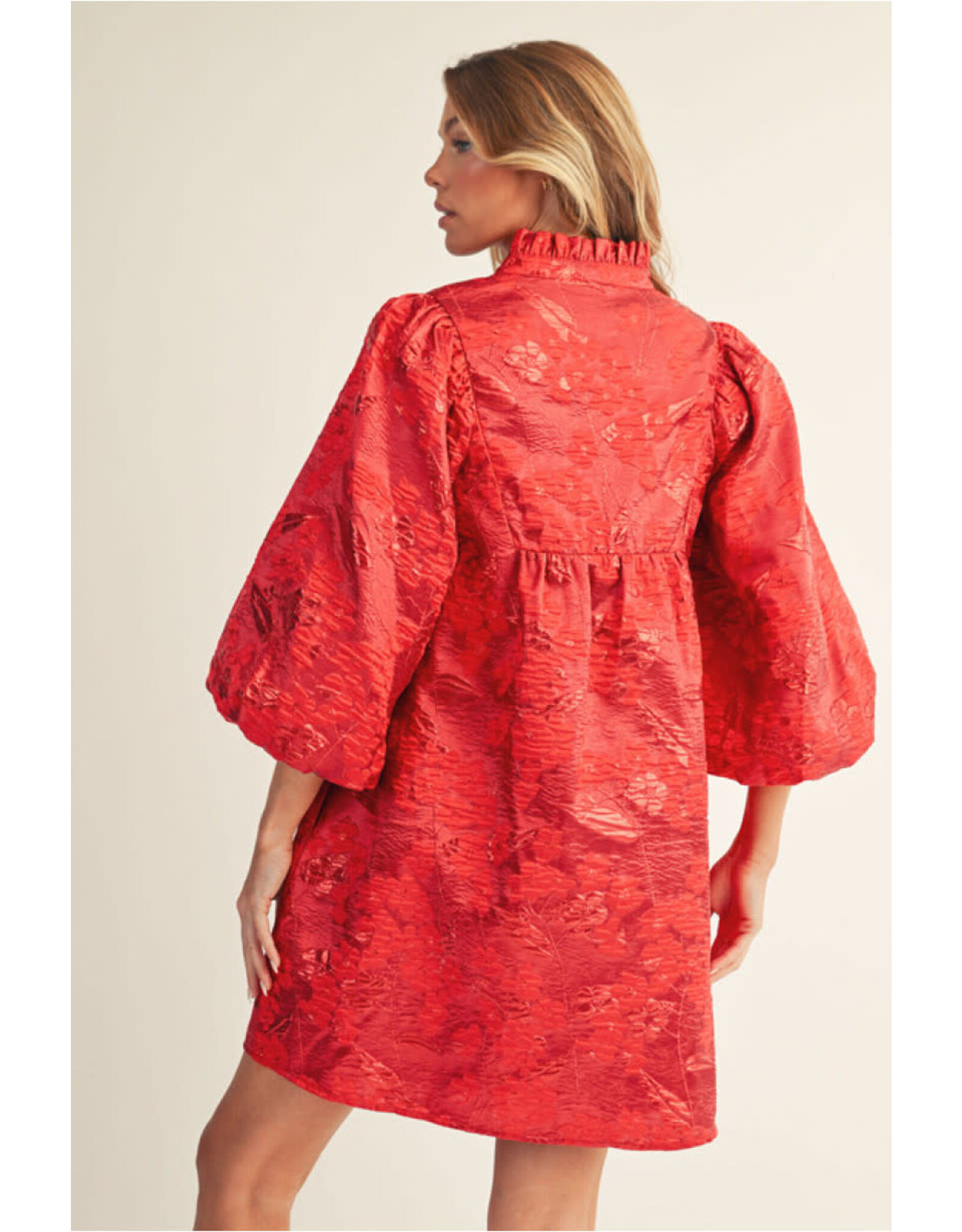 Coletta Puff Sleeves Floral Jacquard Dress