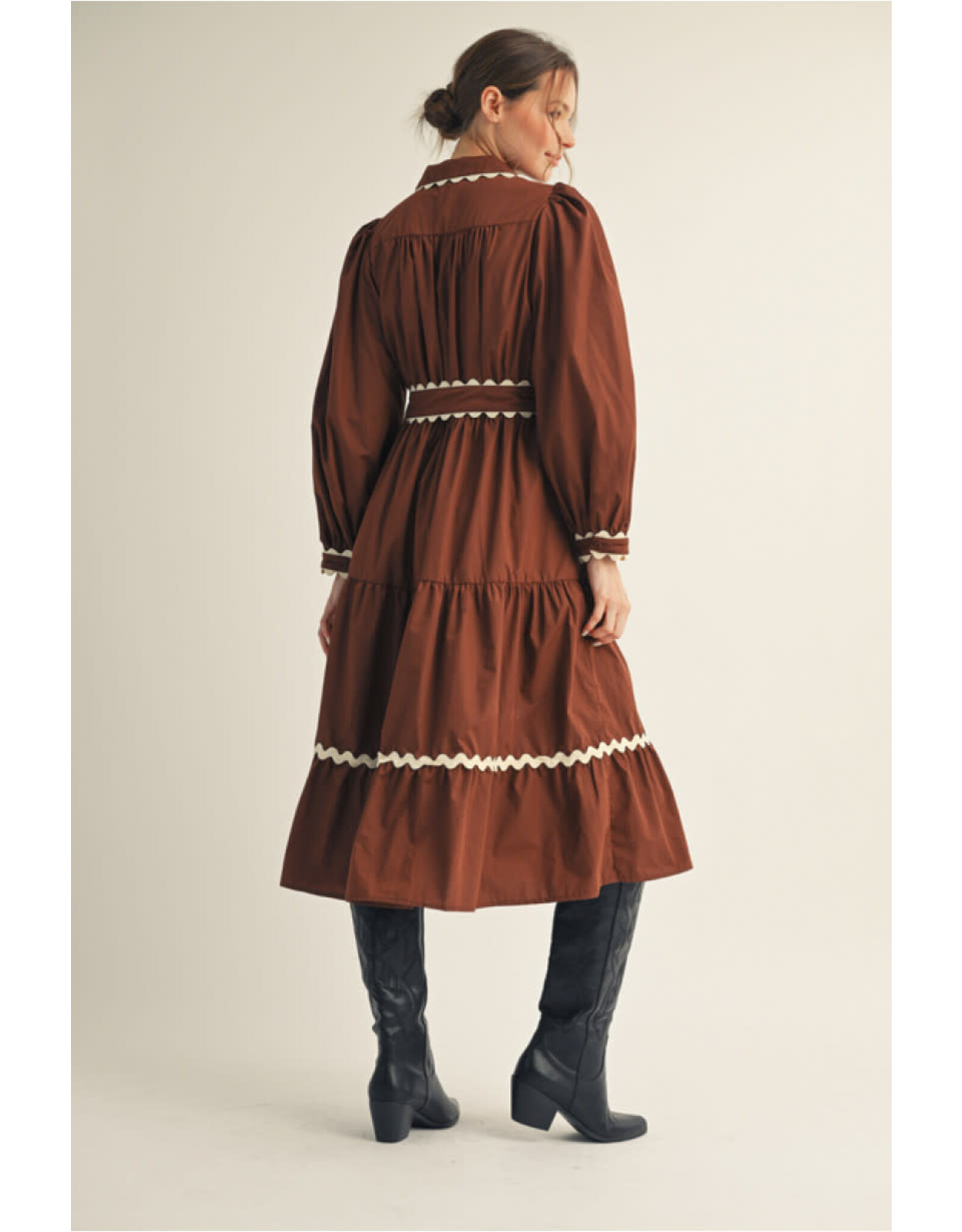 Santina Swirl Trim Brown Midi Dress