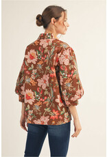 Mahogany 3/4 Puff Sleeve Floral Top