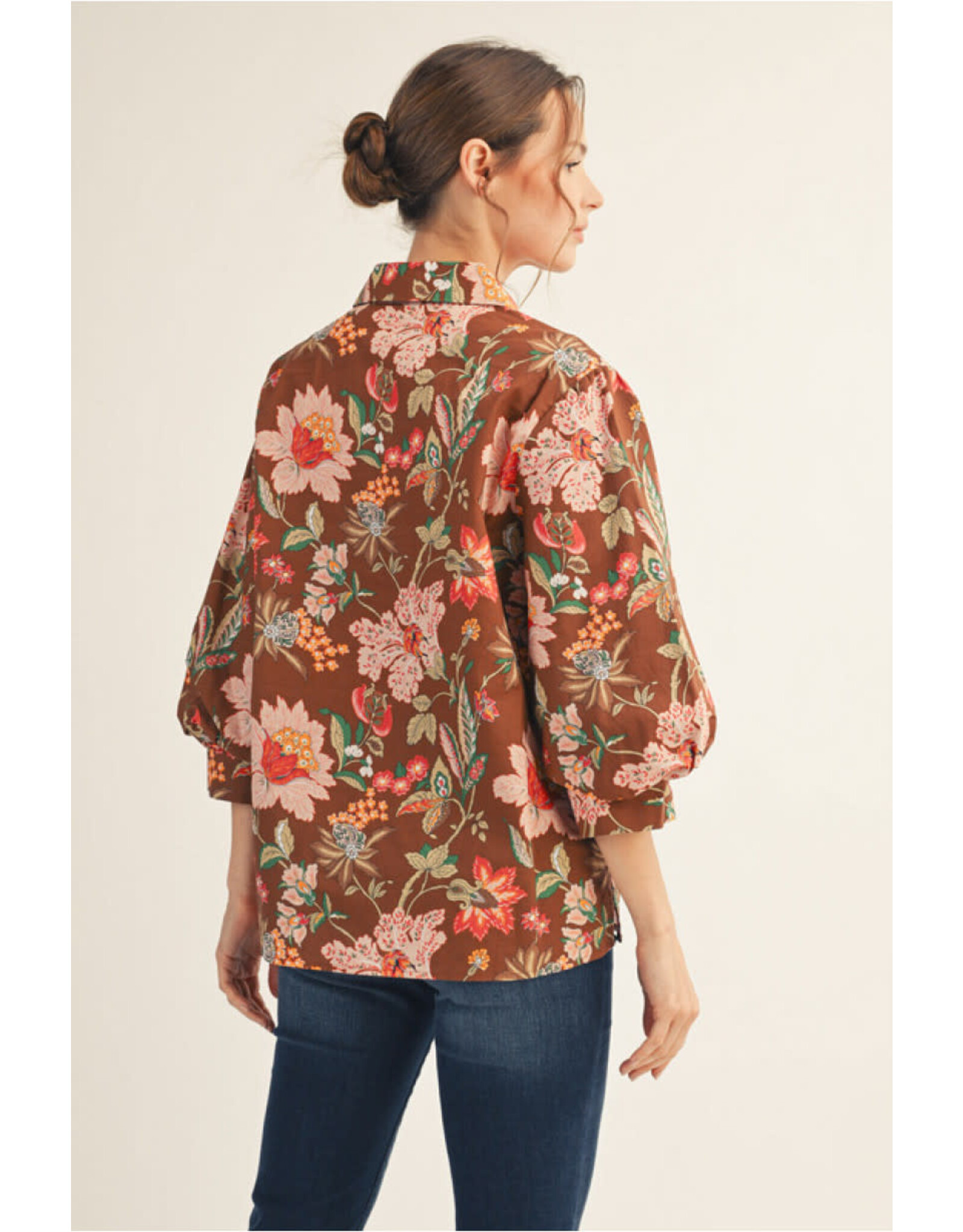 Mahogany 3/4 Puff Sleeve Floral Top