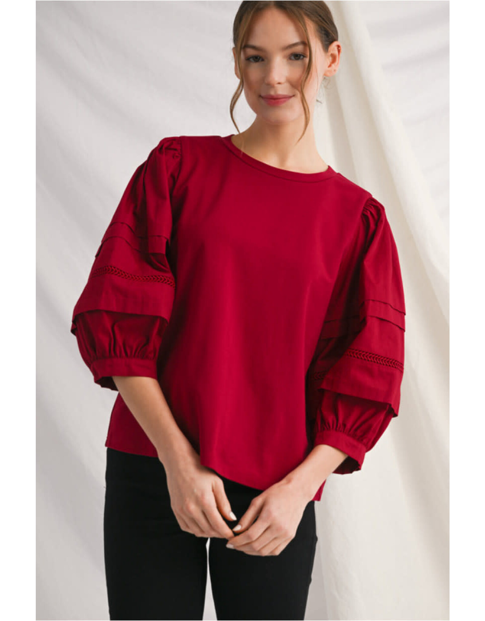Jayda 3/4 Puff Sleeve With Lace Trim Top