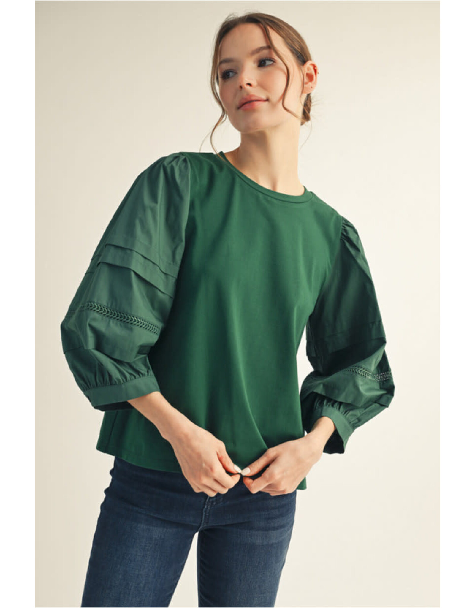 Jayda 3/4 Puff Sleeve With Lace Trim Top