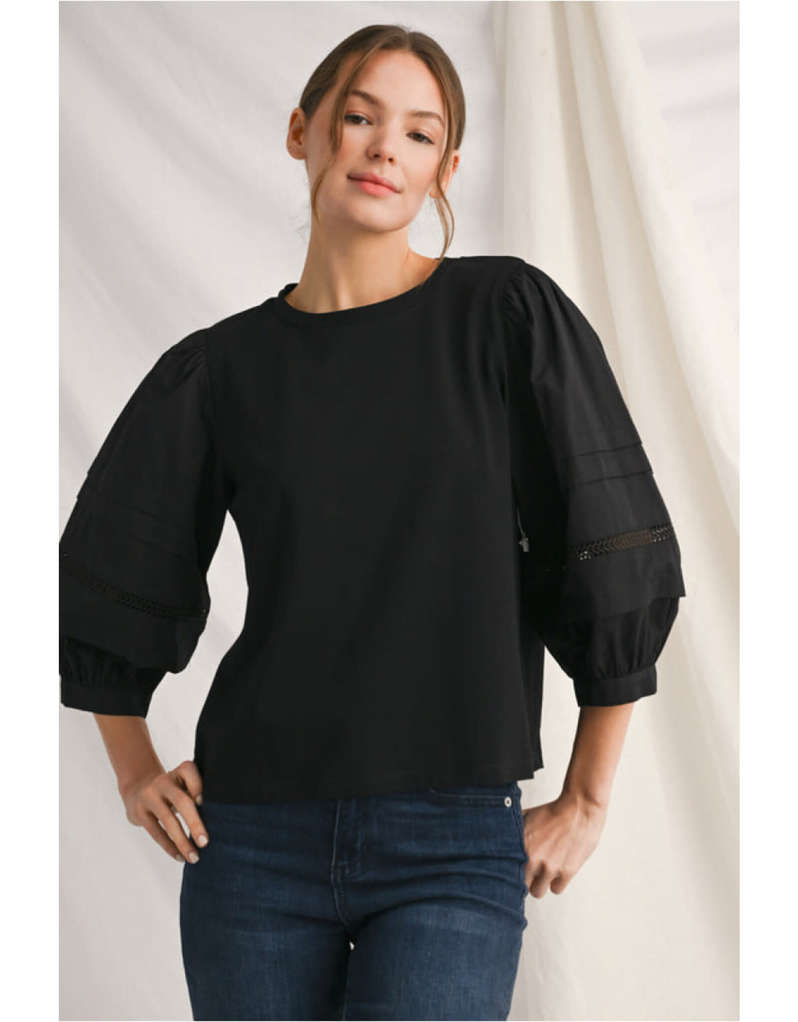 Jayda 3/4 Puff Sleeve With Lace Trim Top