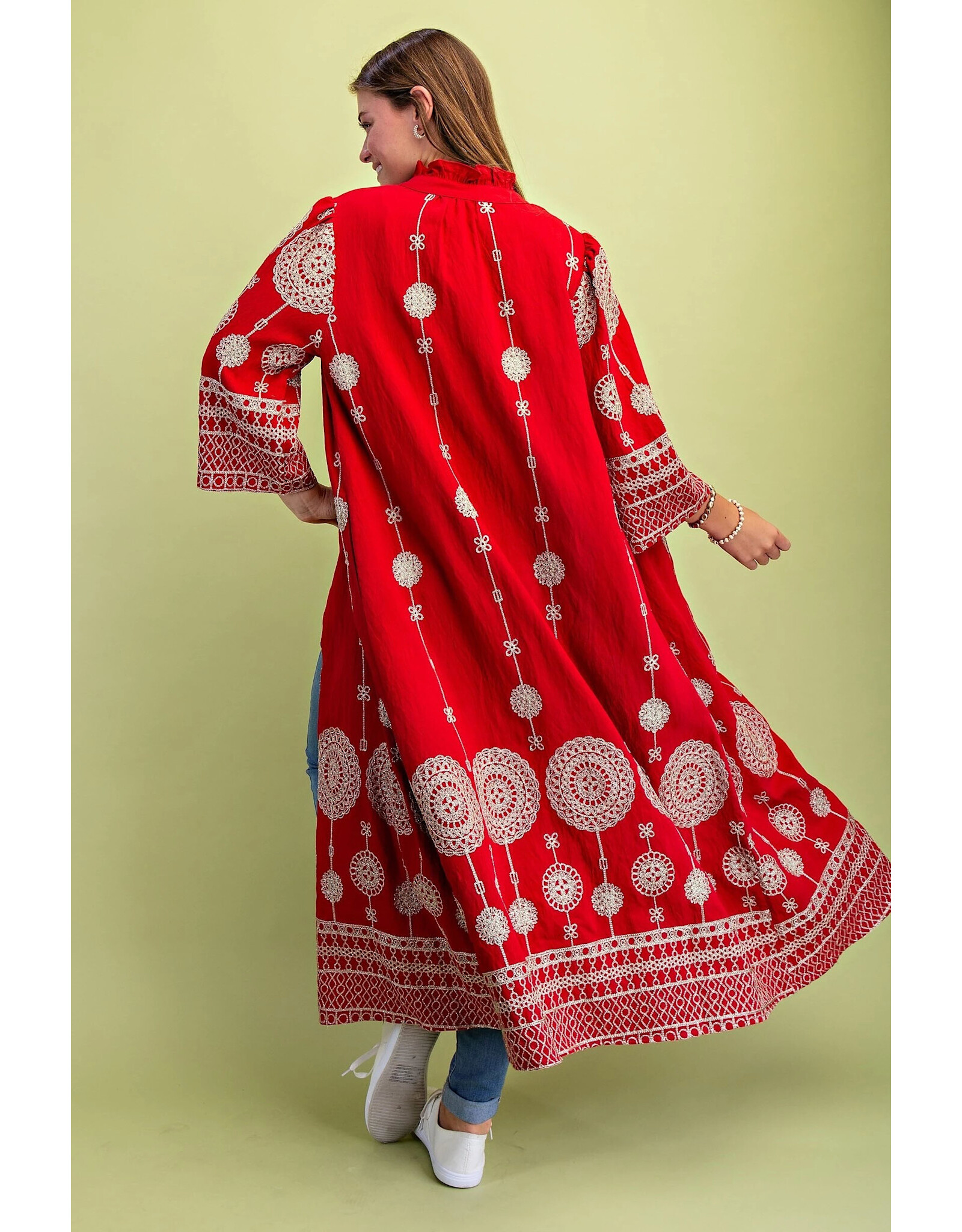 VivI Red Metallic Embroidery Midi Dress