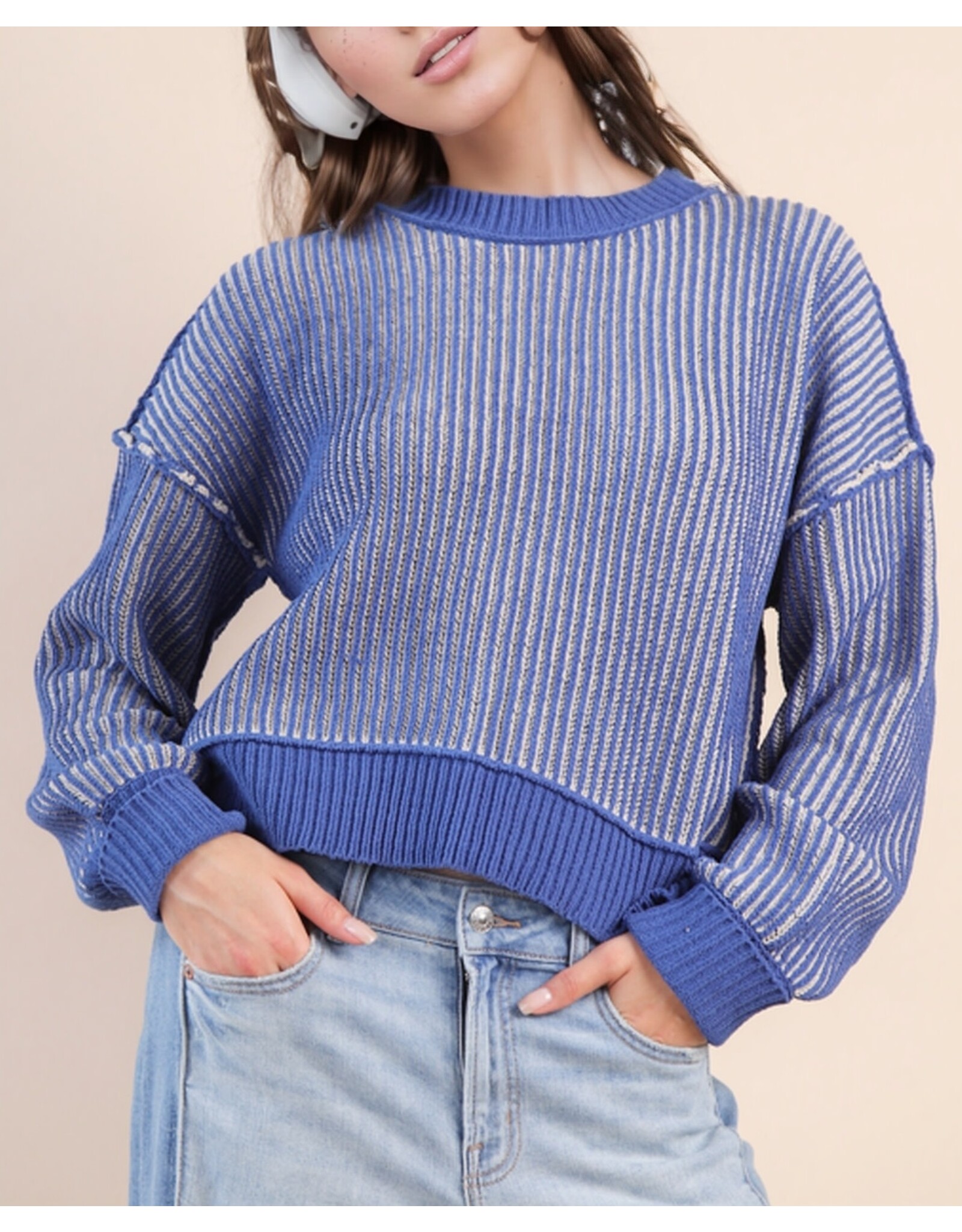 Beatriz Two Tone Royal Blue Stripe Crop Sweater