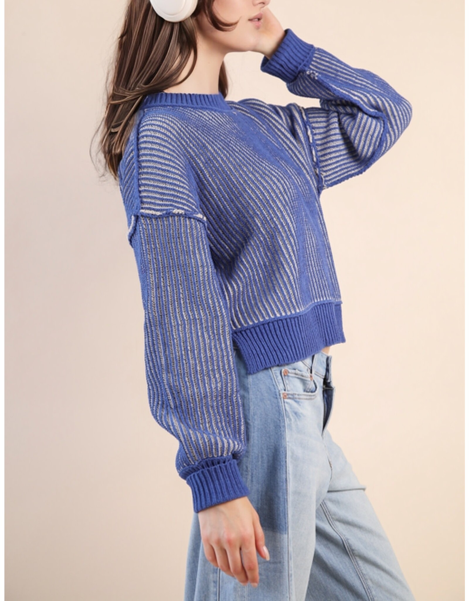 Beatriz Two Tone Royal Blue Stripe Crop Sweater