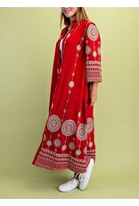 VivI Red Metallic Embroidery Midi Dress