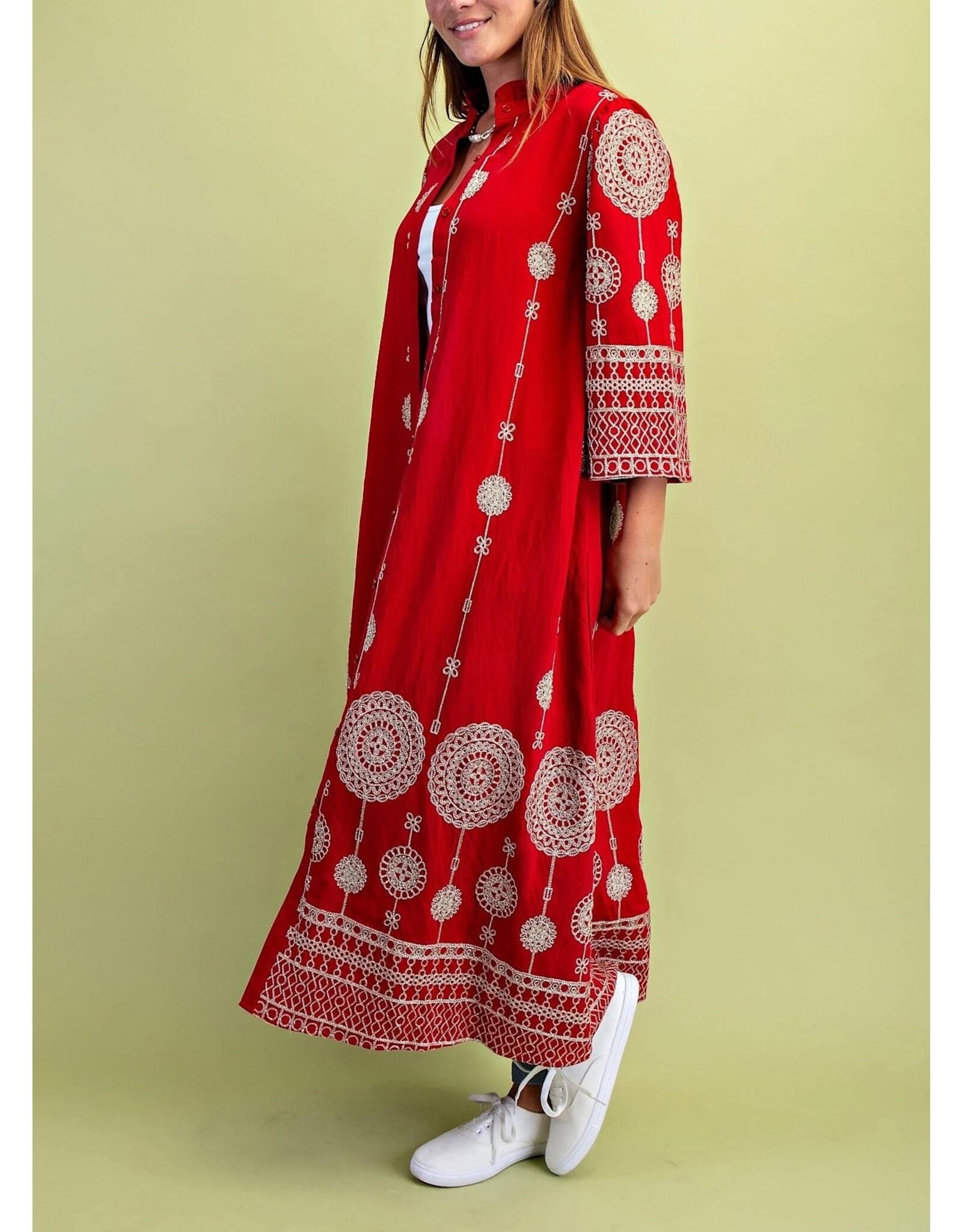 VivI Red Metallic Embroidery Midi Dress