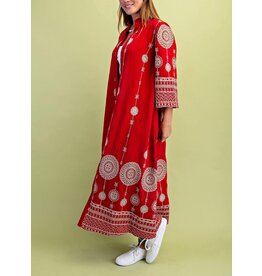 VivI Red Metallic Embroidery Midi Dress