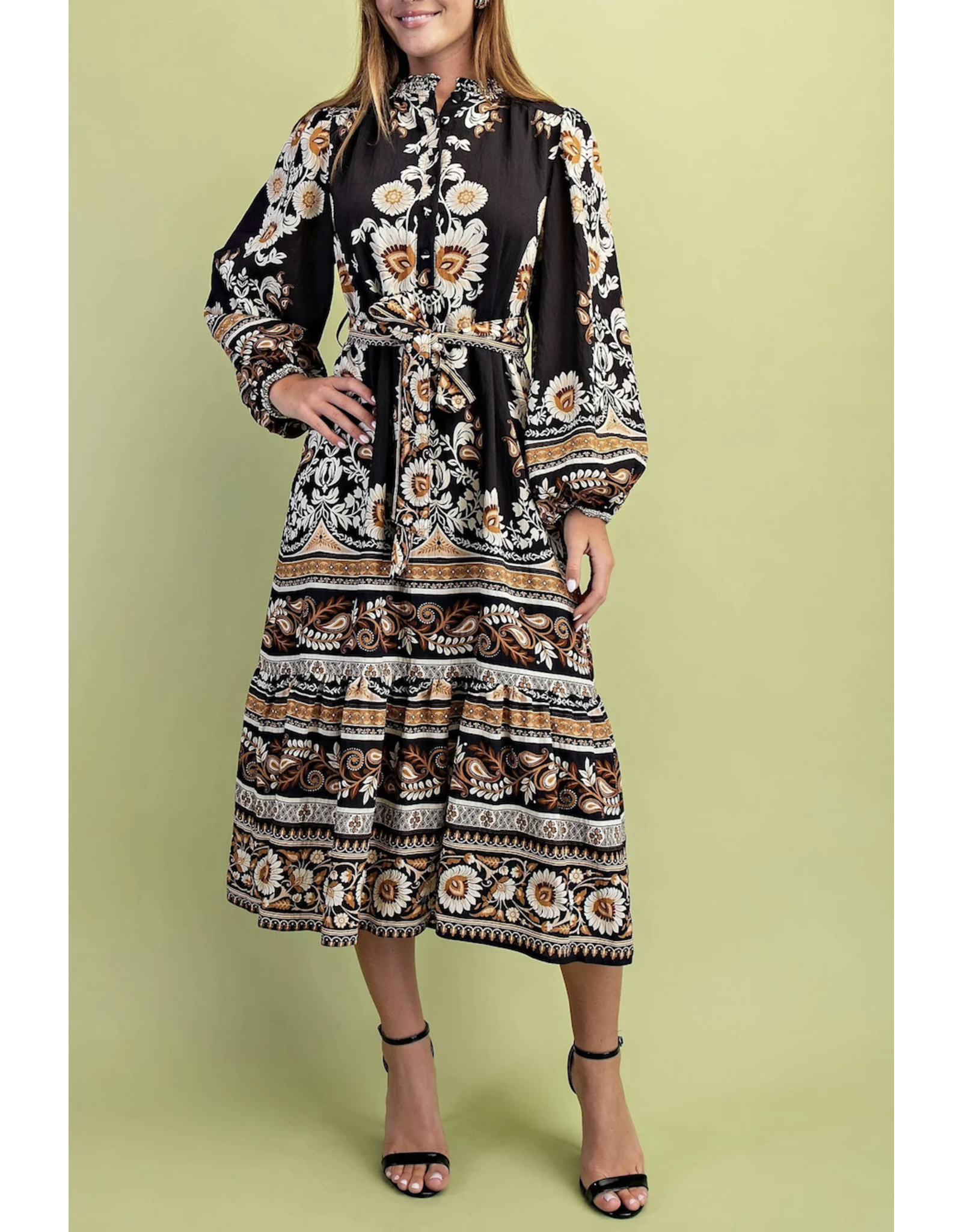 Angelica Black Floral Print Midi Dress