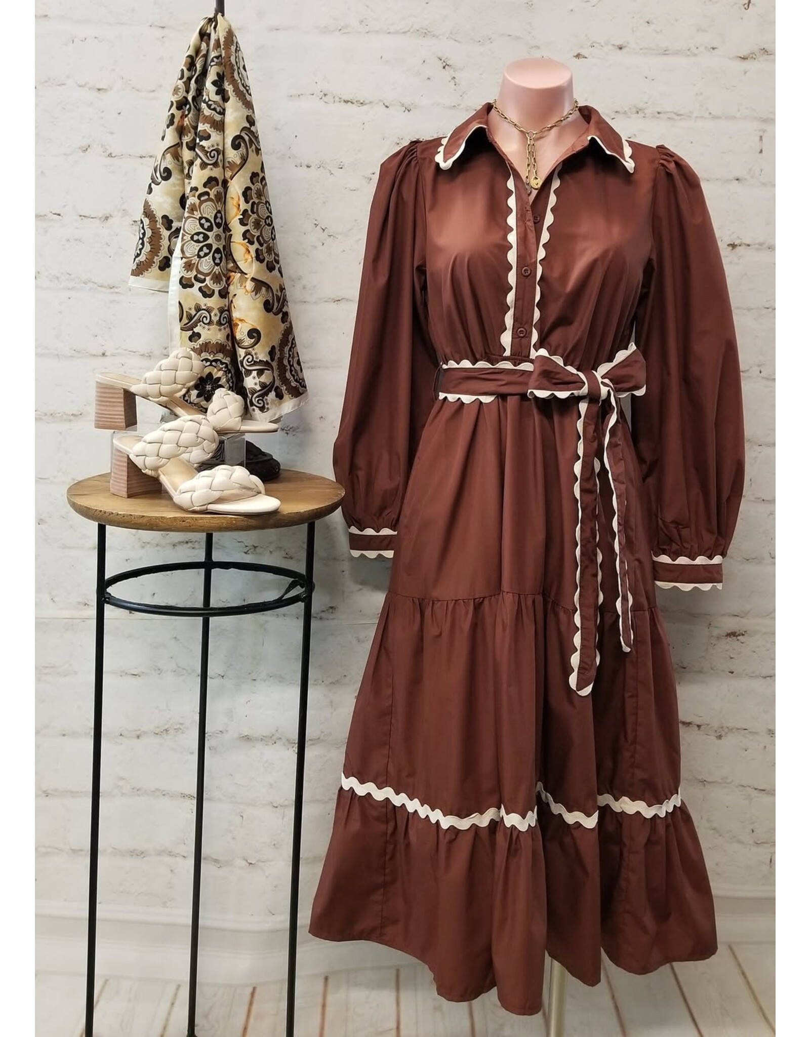 Santina Swirl Trim Brown Midi Dress