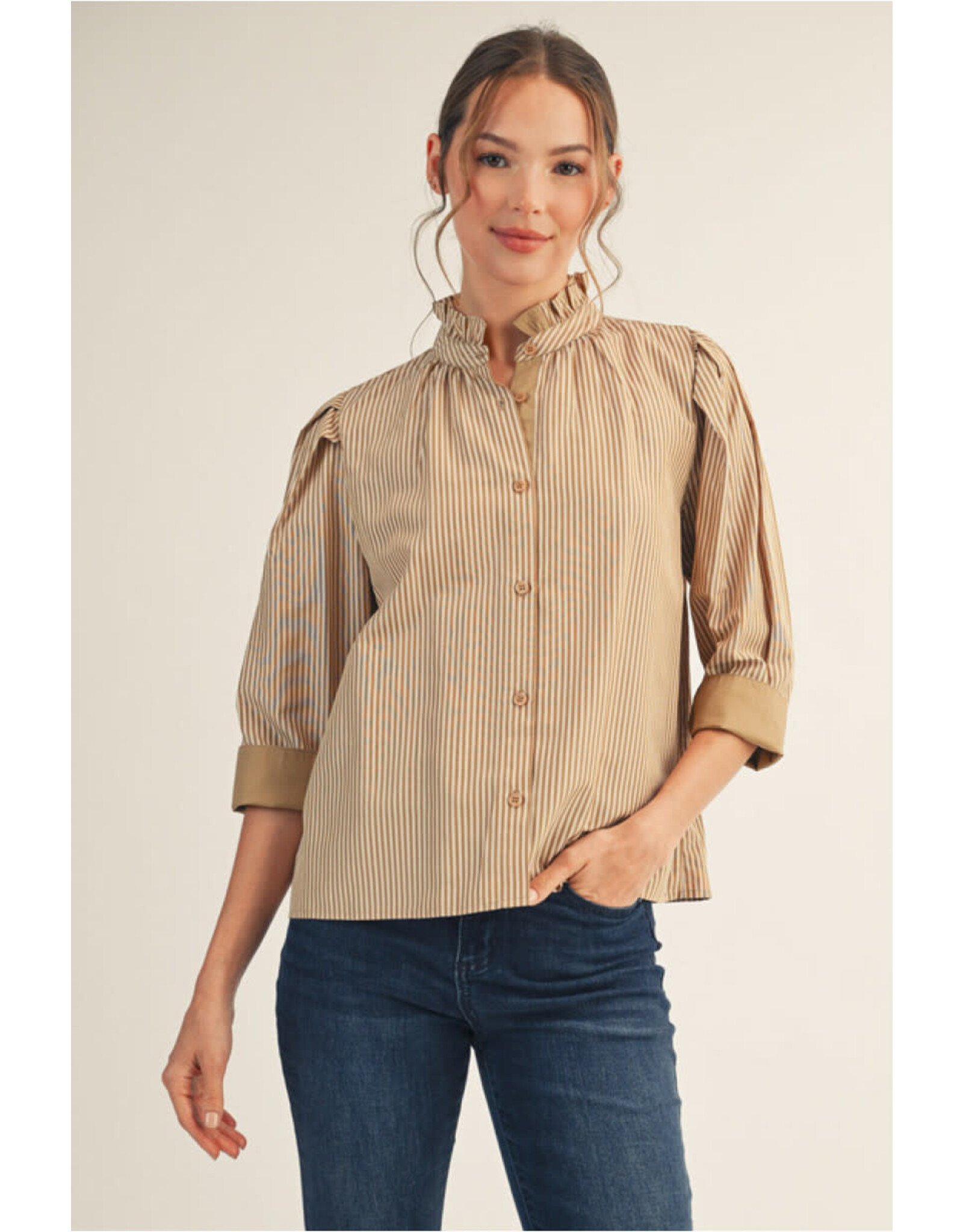 Alvira Stripe Stand Up Collar Top