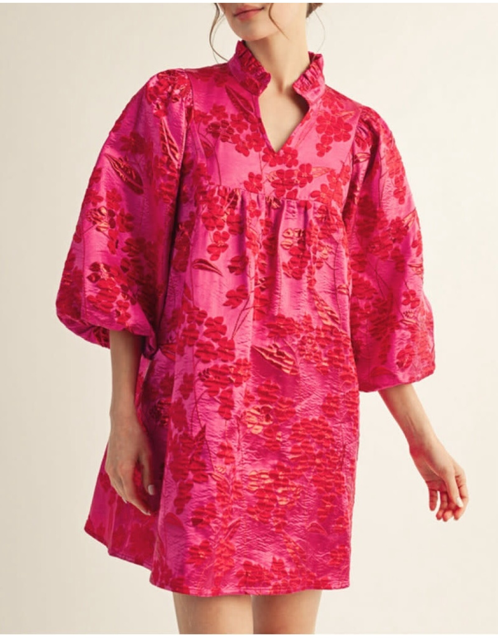 Coletta Puff Sleeves Floral Jacquard Dress