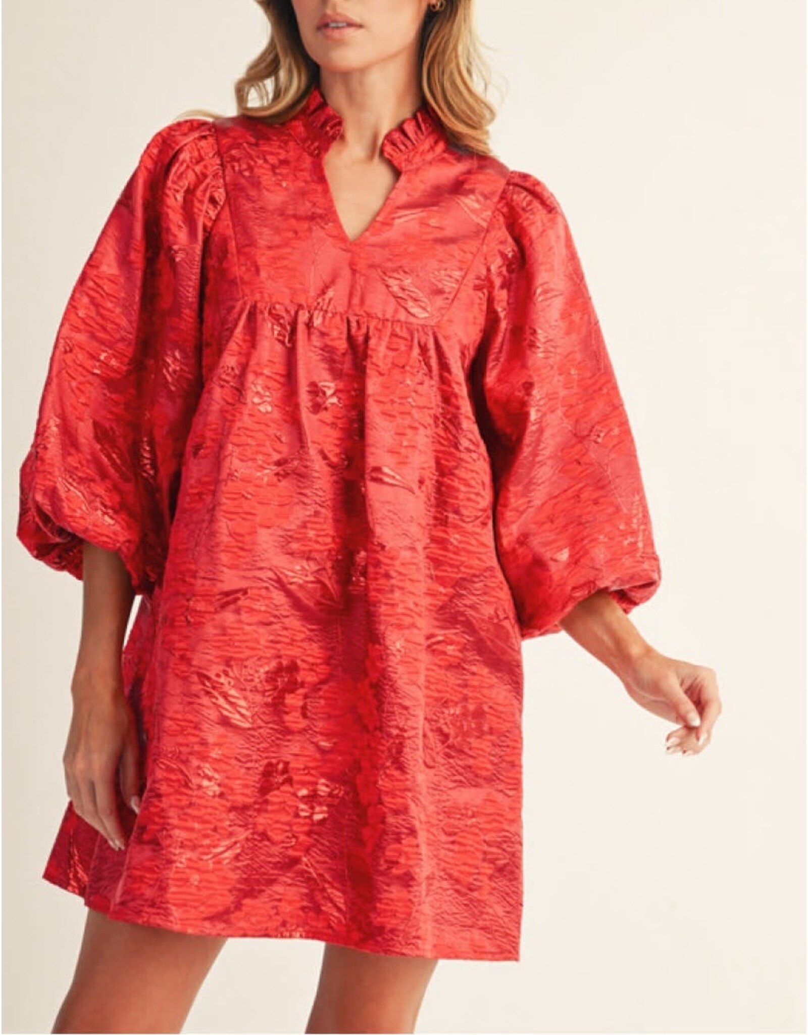 Coletta Puff Sleeves Floral Jacquard Dress